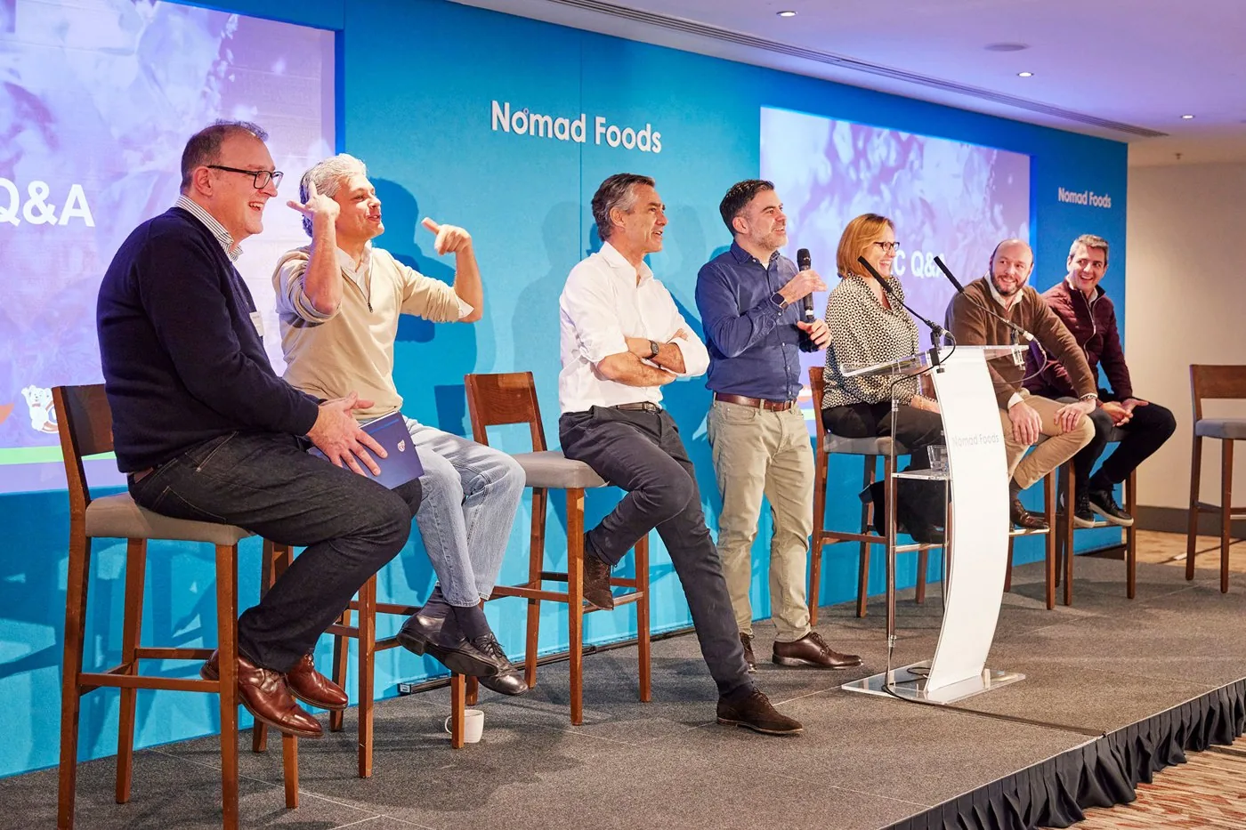 A Q&A panel on stage at the Nomad Foods leadership conference
